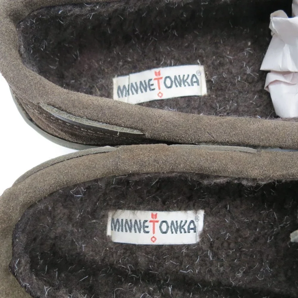 MINNETONKA Men's Dark Brown Suede Pile Lined Hardsole Moccasin Slippers 10